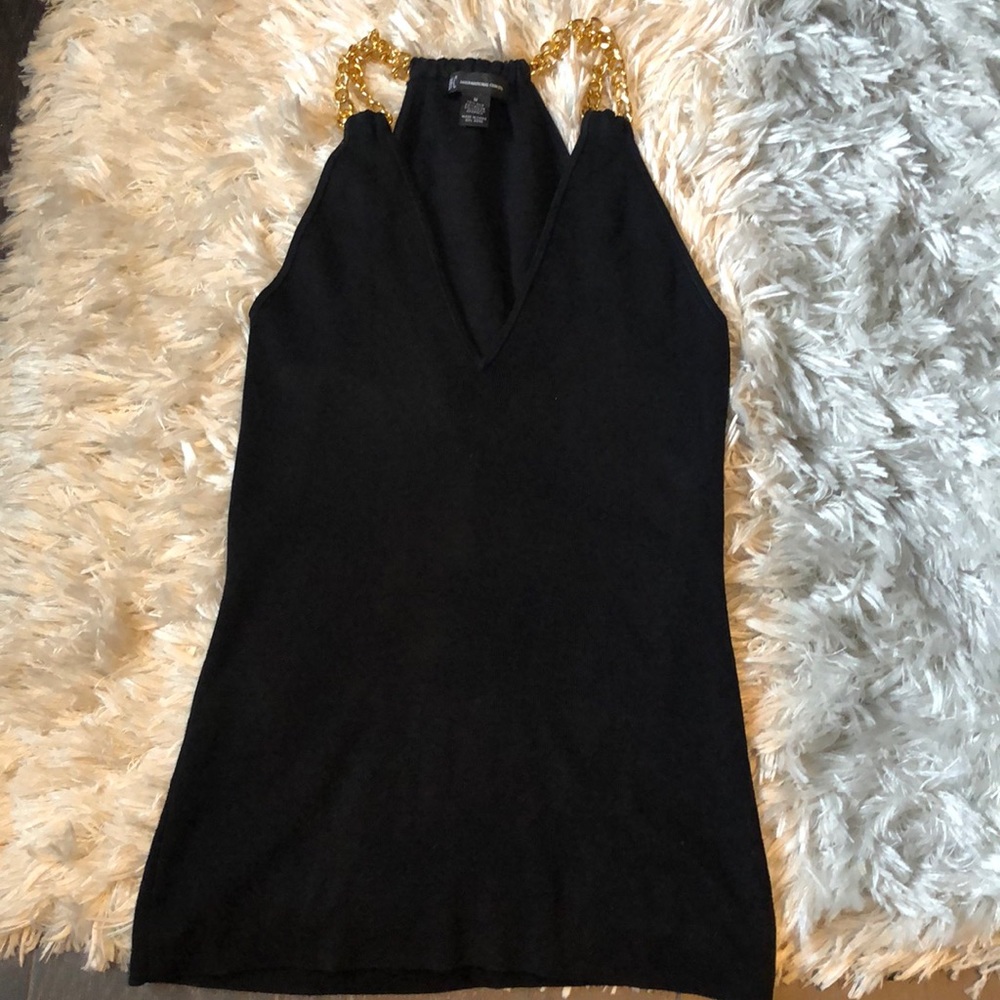 Inc black knit top with gold chains